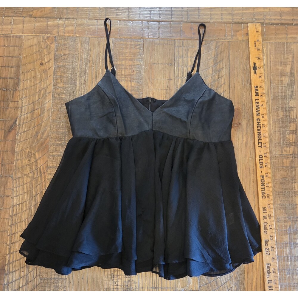 Parker Rich Black Faux Leather Chiffon Babydoll Camisole Top P30301005 M
